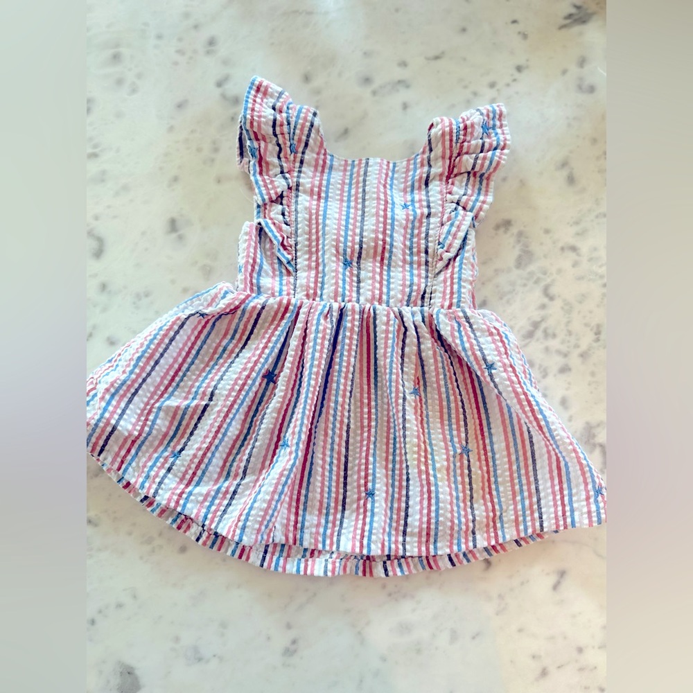 4th of July Striped red white blue seersucker dress with embroidered blue stars.